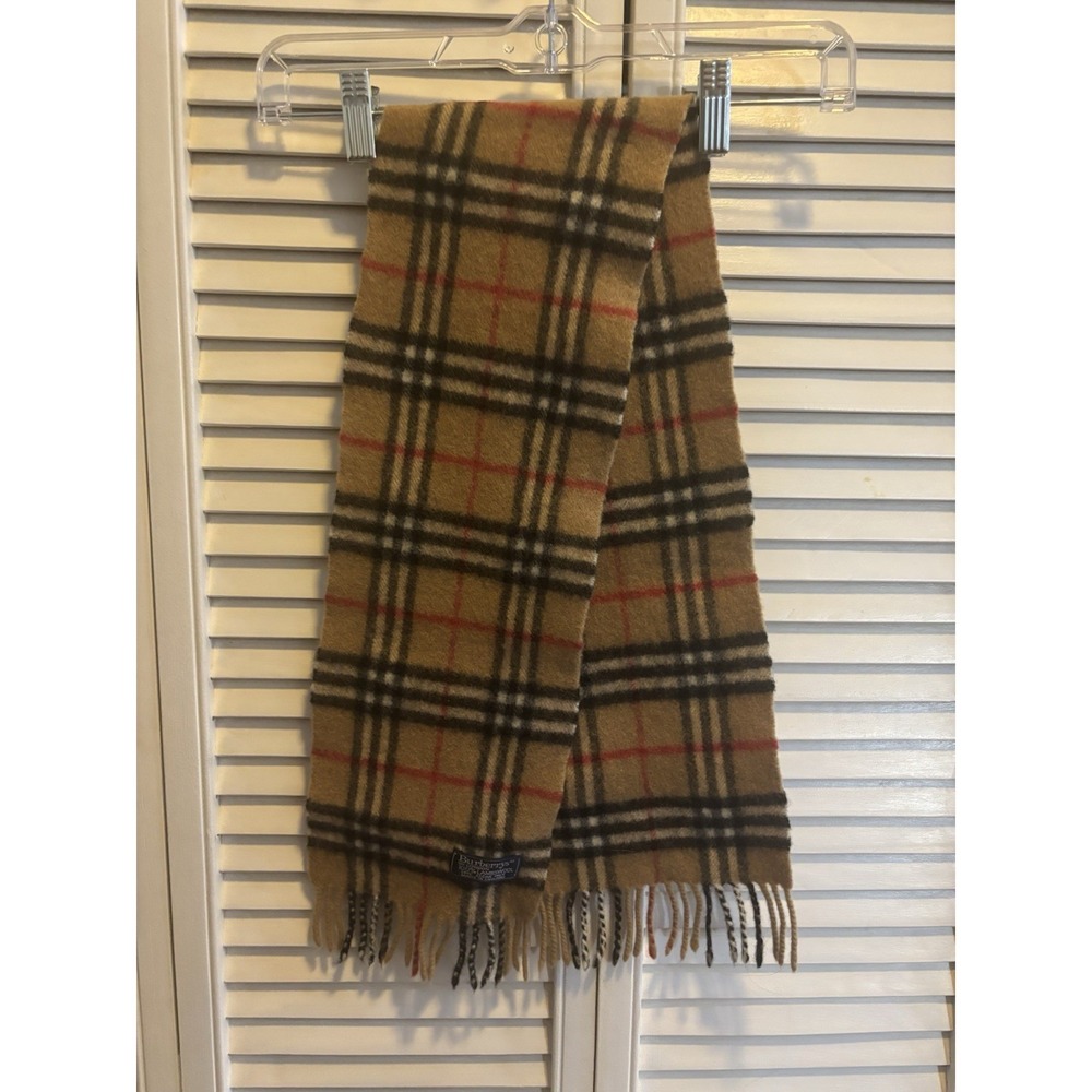 Burberry Lambswool Beige Plaid Fringe Rectangle Scarf Made in England - Picture 8 of 11